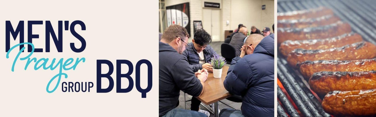 Image of the Men's Prayer Group BBQ event. Sausages on a bbq. Men sitting at a table praying.