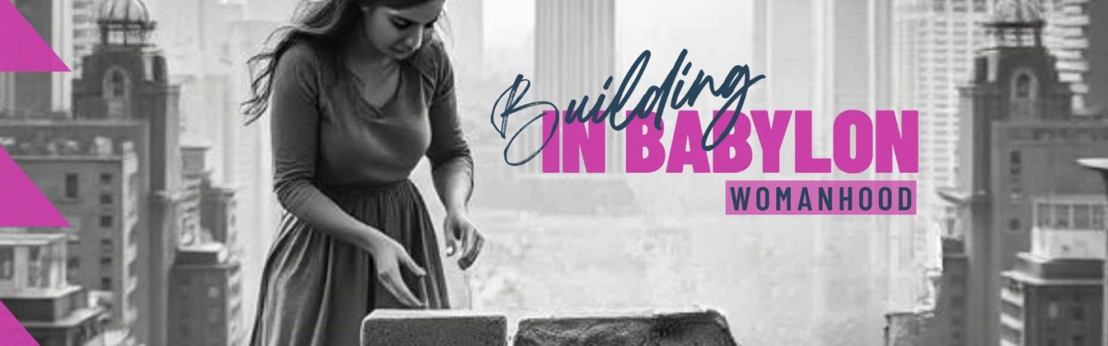 Image of a lady stacking bricks with a city in the background