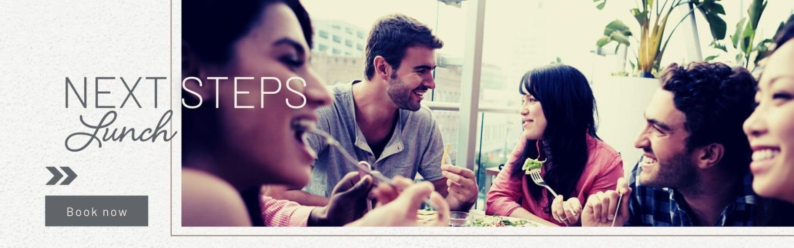 Image of a bunch of young adults eating lunch outside. There are two men and three ladies. Next Steps Lunch.