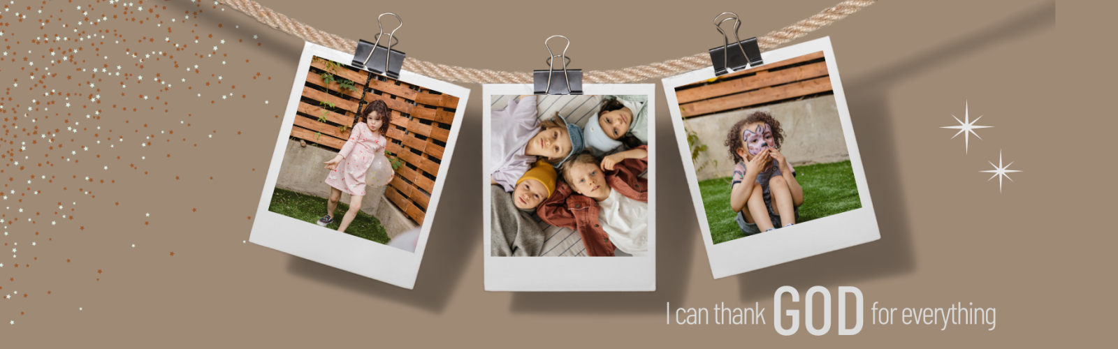 Three photos of children. Polaroid photo containers hanging on a rope with hooks. Happy children in photos.