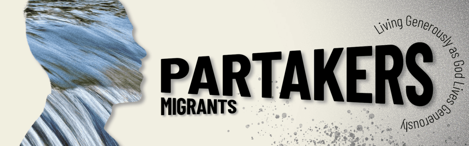 Image of the side profile and a man with a river image within his profile shape with the words, Partakers Migrants coming out of his mouth on a beige and grey background.