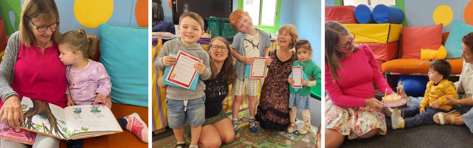 Image of Playgroup. Nanna with girl reading a book. Sue and volunteer handing out certificates. Sue with a birthday cake for a young boy.
