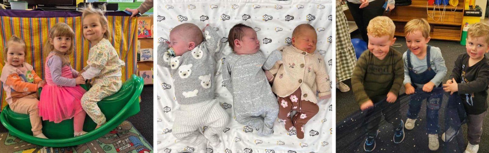 Three images. Three toddler girls on a green sea saw. Three babies lying on the floor sleeping. Three young boys playing.