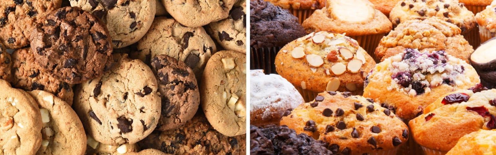 Two photos of cookies and muffins.