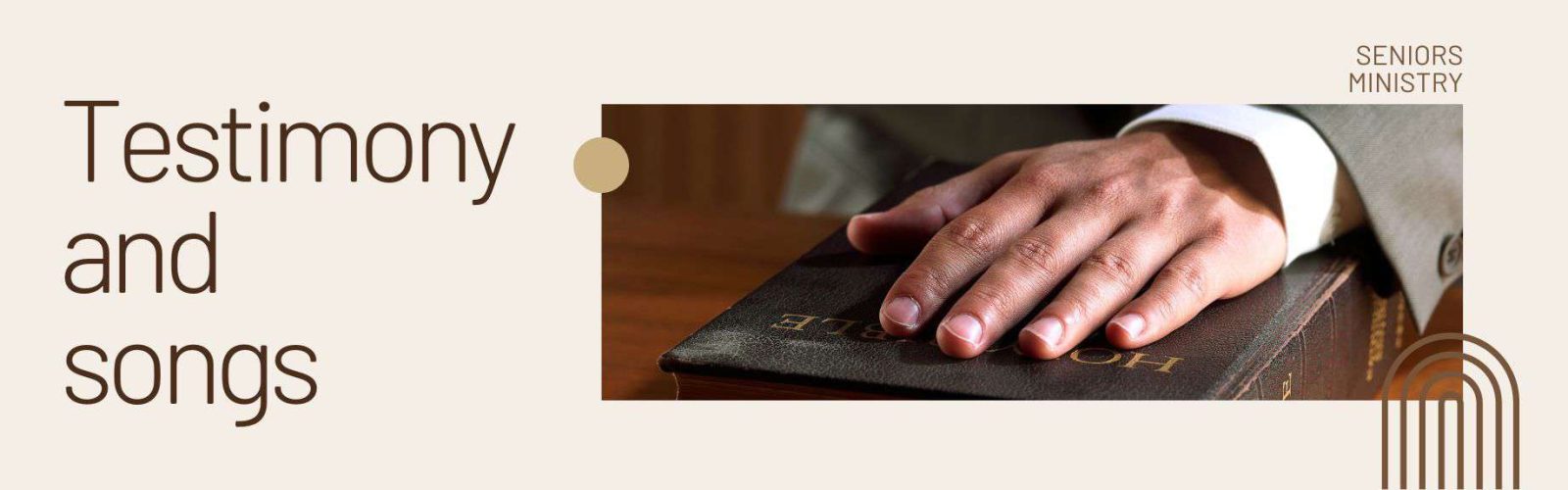 Image of a mans hand on a bible wearing a suit. Testimony and songs.