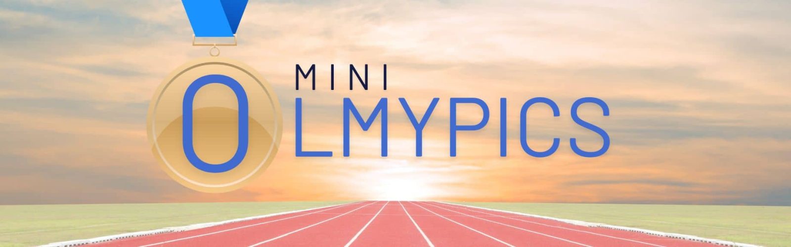 Image of an olympic track with a sunset. Mini Olympics sign.