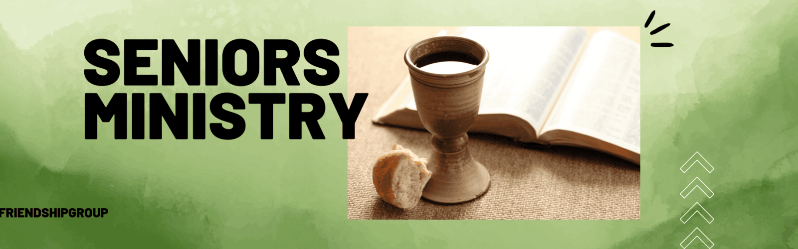 Communion glass and bread with a bible. TItle: Seniors Ministry.