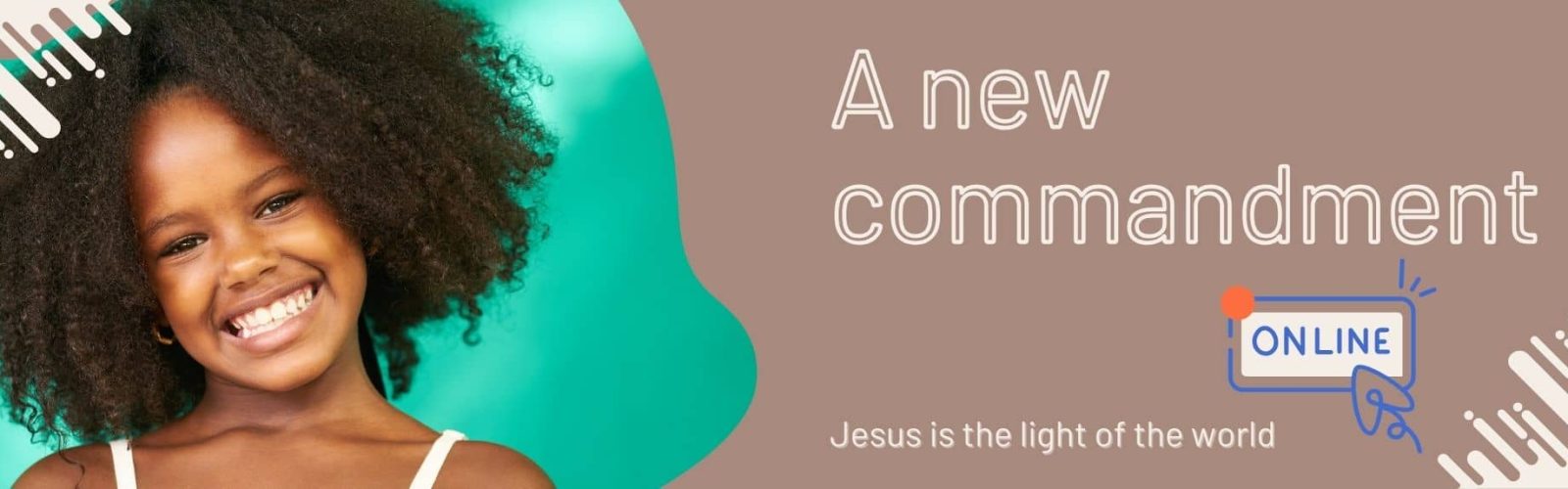 Young girl wearing a white dress and thick black hair smiling. A new commandment. Online.