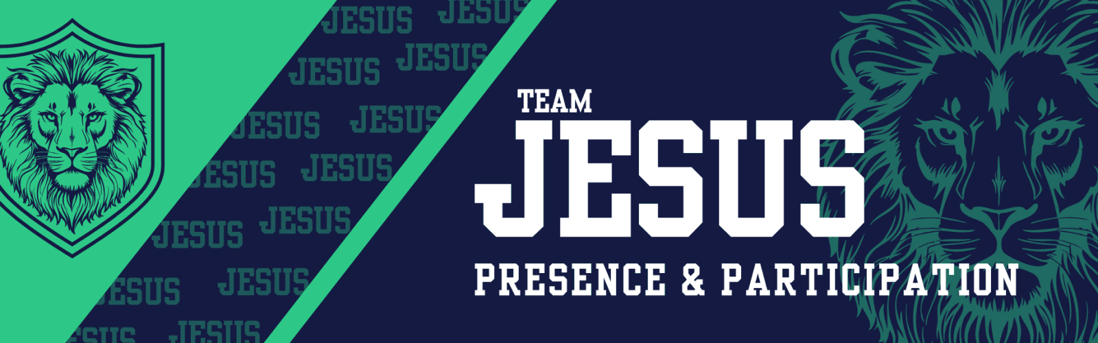 Image of a banner. Line drawing of a lions face close up. Blue background with green top left corner. Title is Team Jesus.