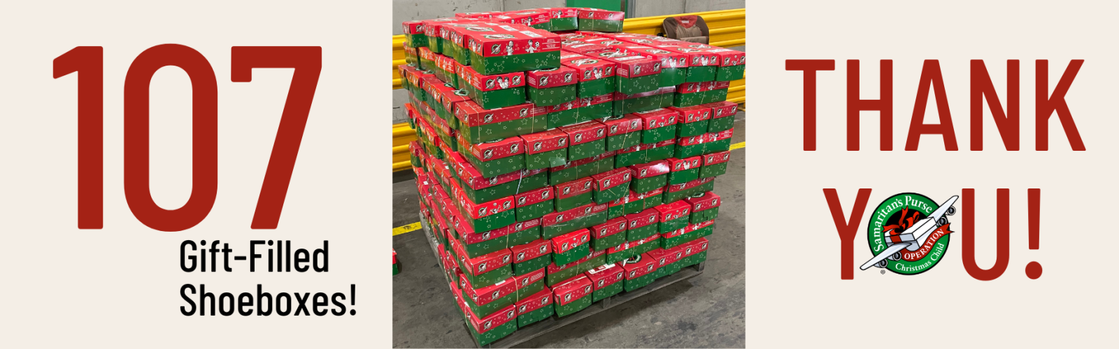 Pallet full of 107 shoe boxes stacked on top of each other. Title: Thank You.