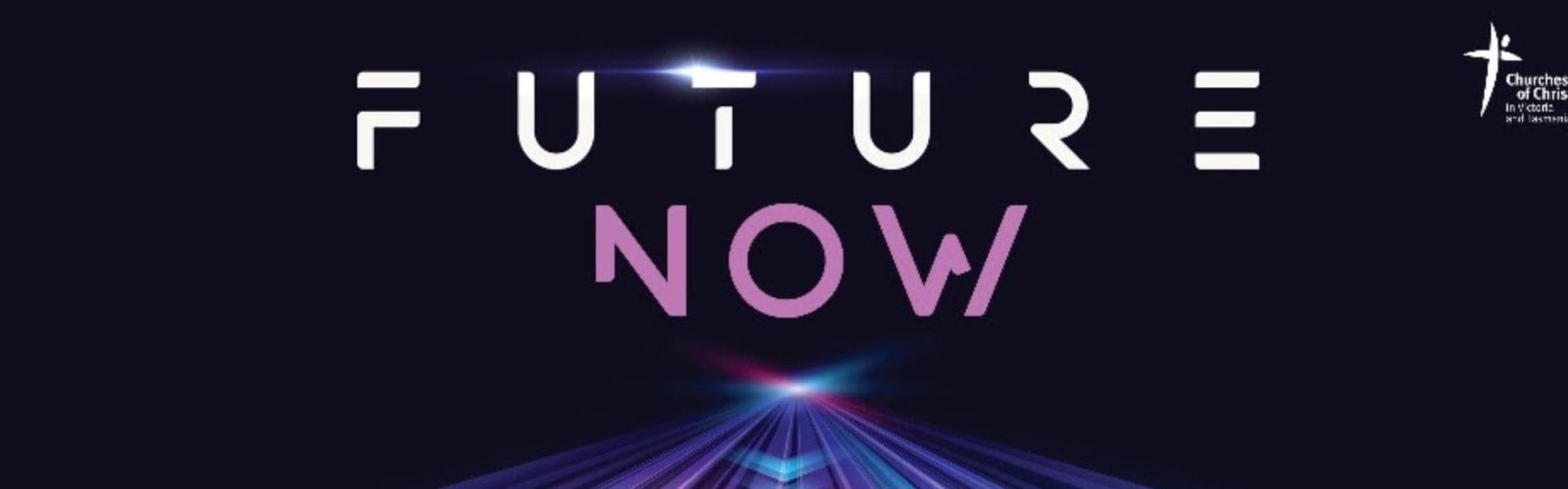 Future Now. Banner with purple lines and light shining.