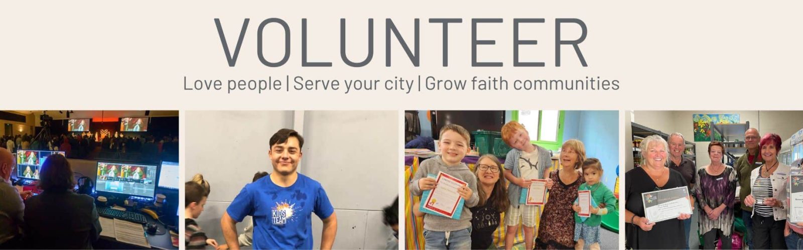 Image of a banner of volunteers on the sound desk, kids church, playgroup and the food pantry.