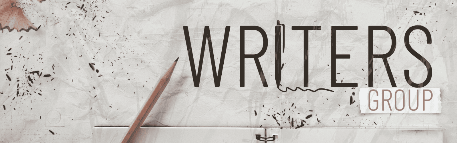 Image of paper crinkled, pencil shavings and grey lead. Writers Group is the heading.