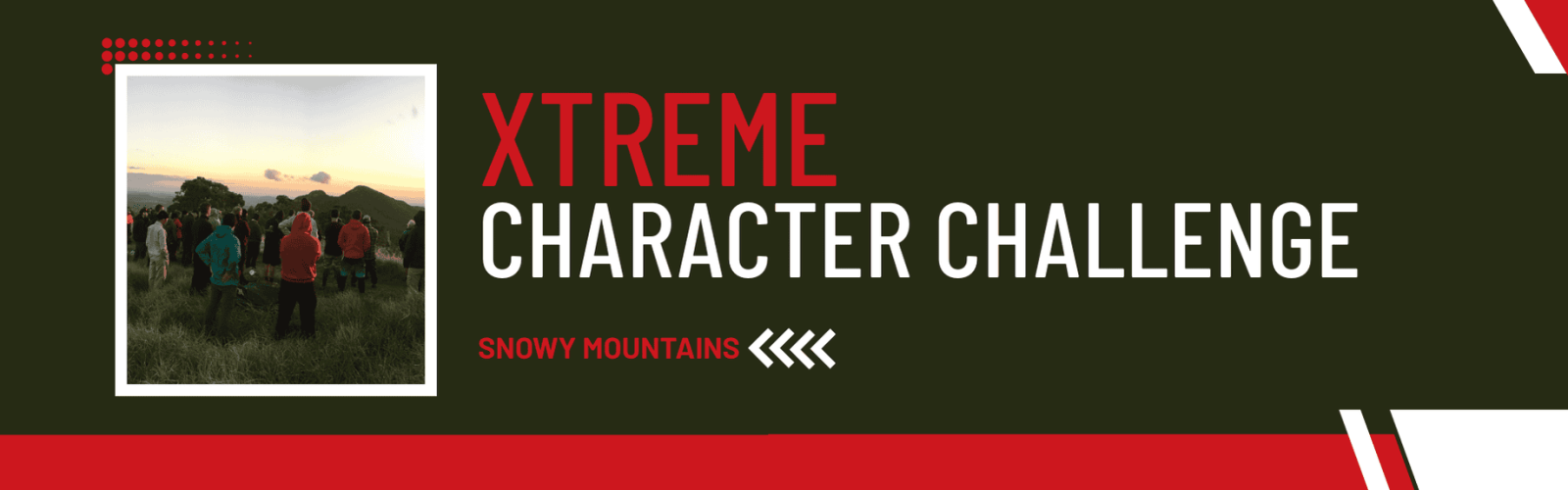 Group of men standing on top of a mountain looking to the sunset. Title: Xtreme character challenge.