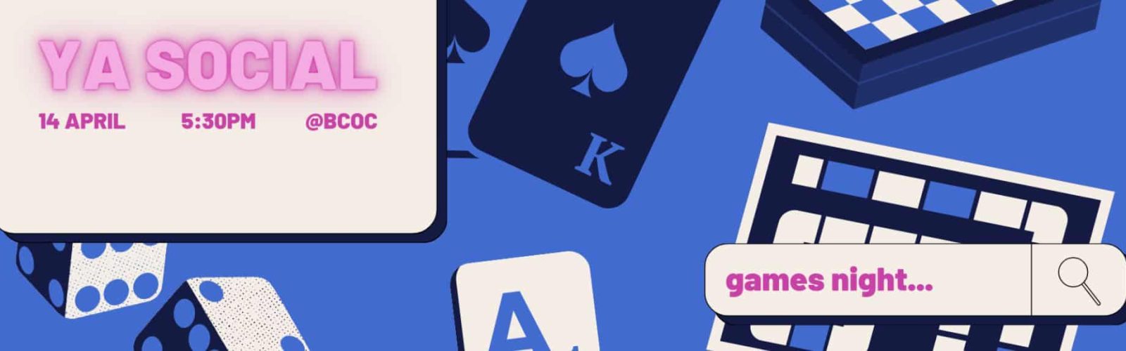 Image of YA Social. Blue background with dice and card games.