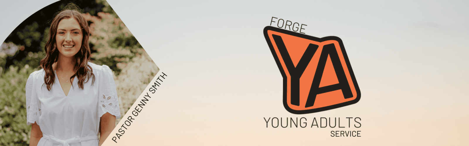 Image of Pastor Genny Smith. A young lady in her twenties wearing a white dress with a garden behind her. A large YA black and orange logo in displayed.