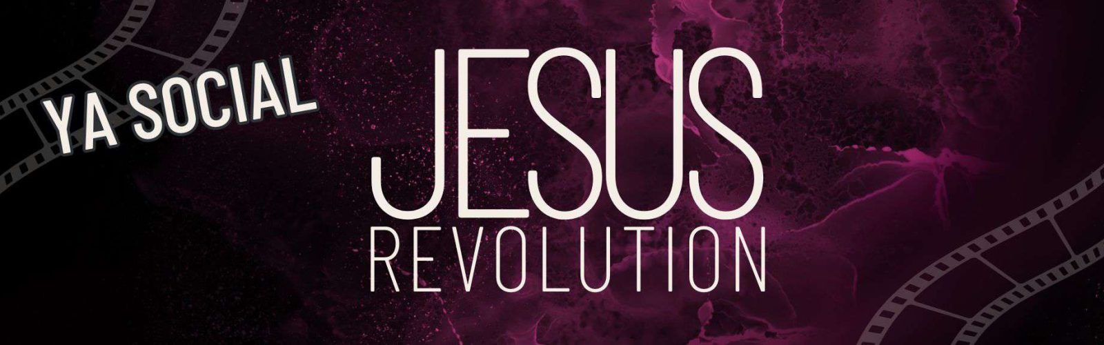 Dark purple background with a marble look. Film image displayed over the top. Jesus Revolution. YA Social.