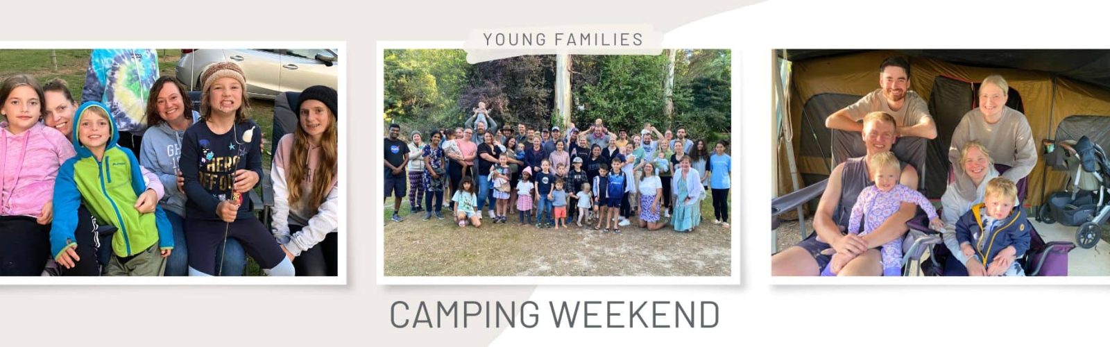 Image of two mums and their four twelve year old kids. Image of a group of campers. Image of two families camping. Camping Weekend.